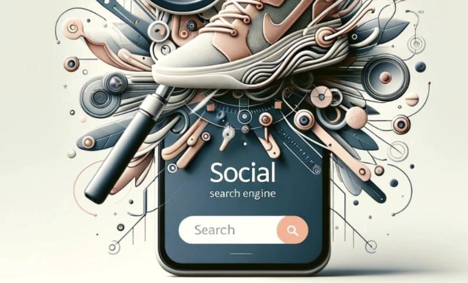 A mobile phone screen showing a shoe and the text "Social Search", with a search bar, representing AI-powered social shopping.