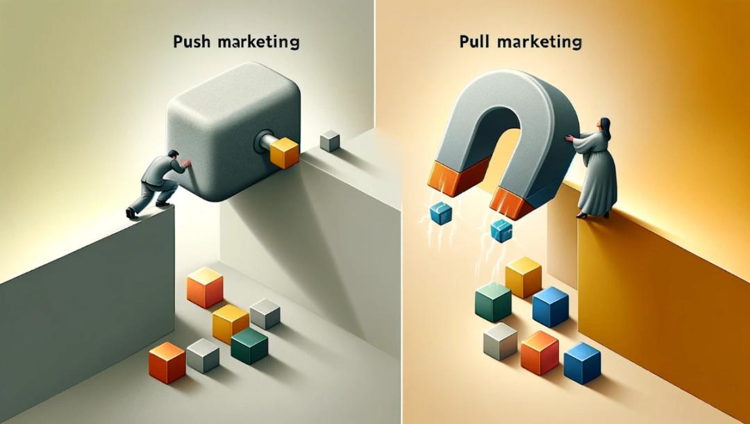 An image divided into two sections: one side showing a person pushing blocks, and the other side showing a woman holding a magnet that is pulling blocks, representing the contrast between traditional marketing and the AI-powered approach of CURD.