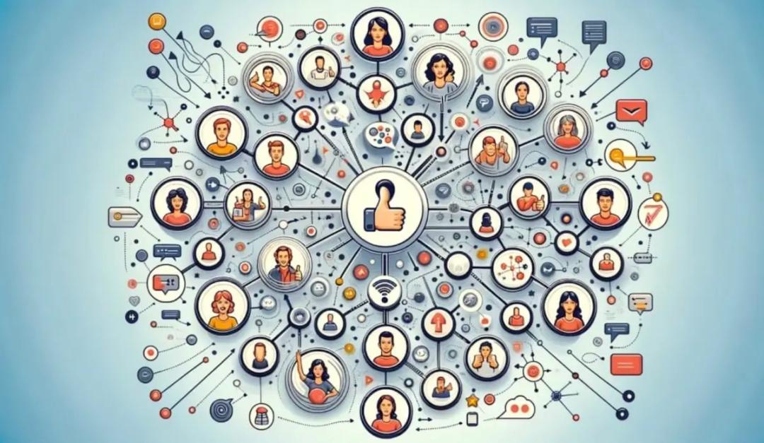 A thumbs-up symbol surrounded by an interconnected web of people, representing the power of network-based social proof and collaboration