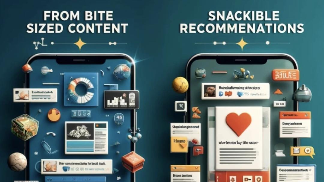 An image divided into two sections: one side showing bite-sized content and the other side showing snackible recommendations, representing the power of personalized and curated content and recommendations from people you know in the digital age