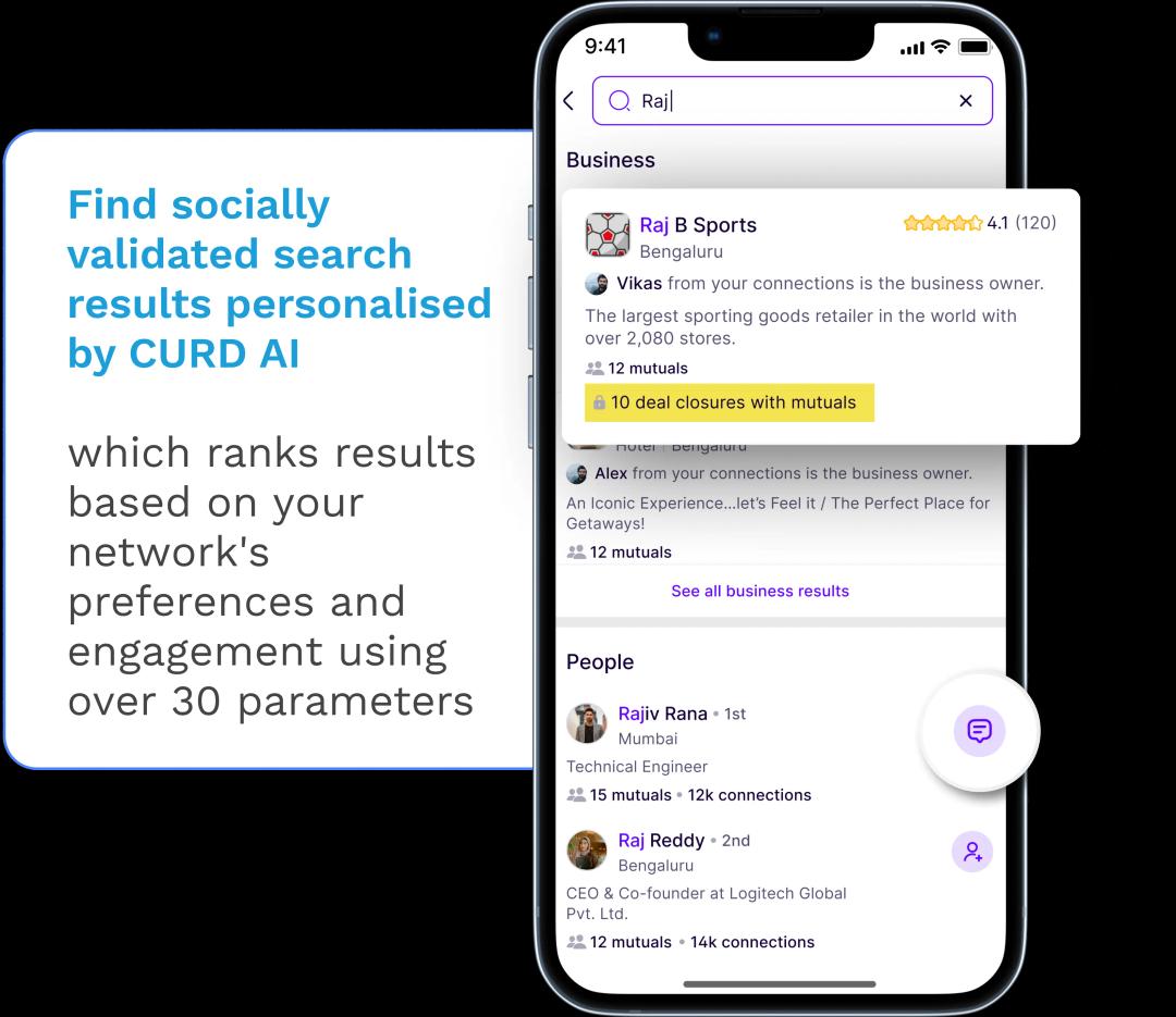 CURD Search Results page: Personalized recommendations based on your network interactions